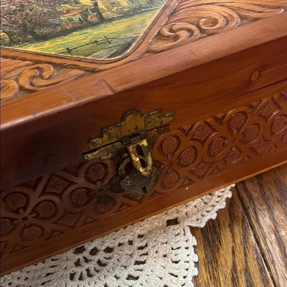 Vintage cedar Carved Wooden Jewelry Box with Painted Cottage Scene - Brown